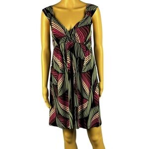 Volume One Vibrant Palm‎ Leaf Multicolor Print Surplice Neckline Empire Dress